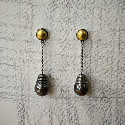 Lange Ohrstecker dunkle Perle Tahiti Gold Silber hochwertiger schwarzer Schmuck Unikatschmuck