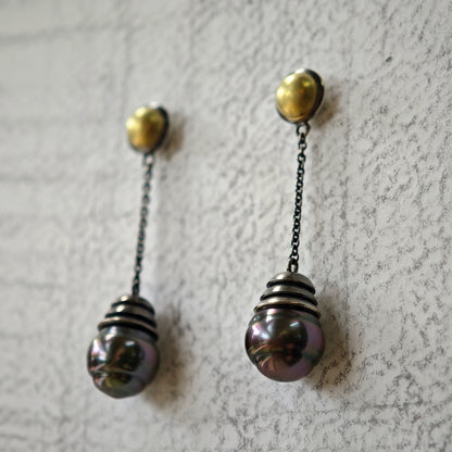 Lange Ohrstecker dunkle Perle Tahiti Gold Silber hochwertiger schwarzer Schmuck Unikat