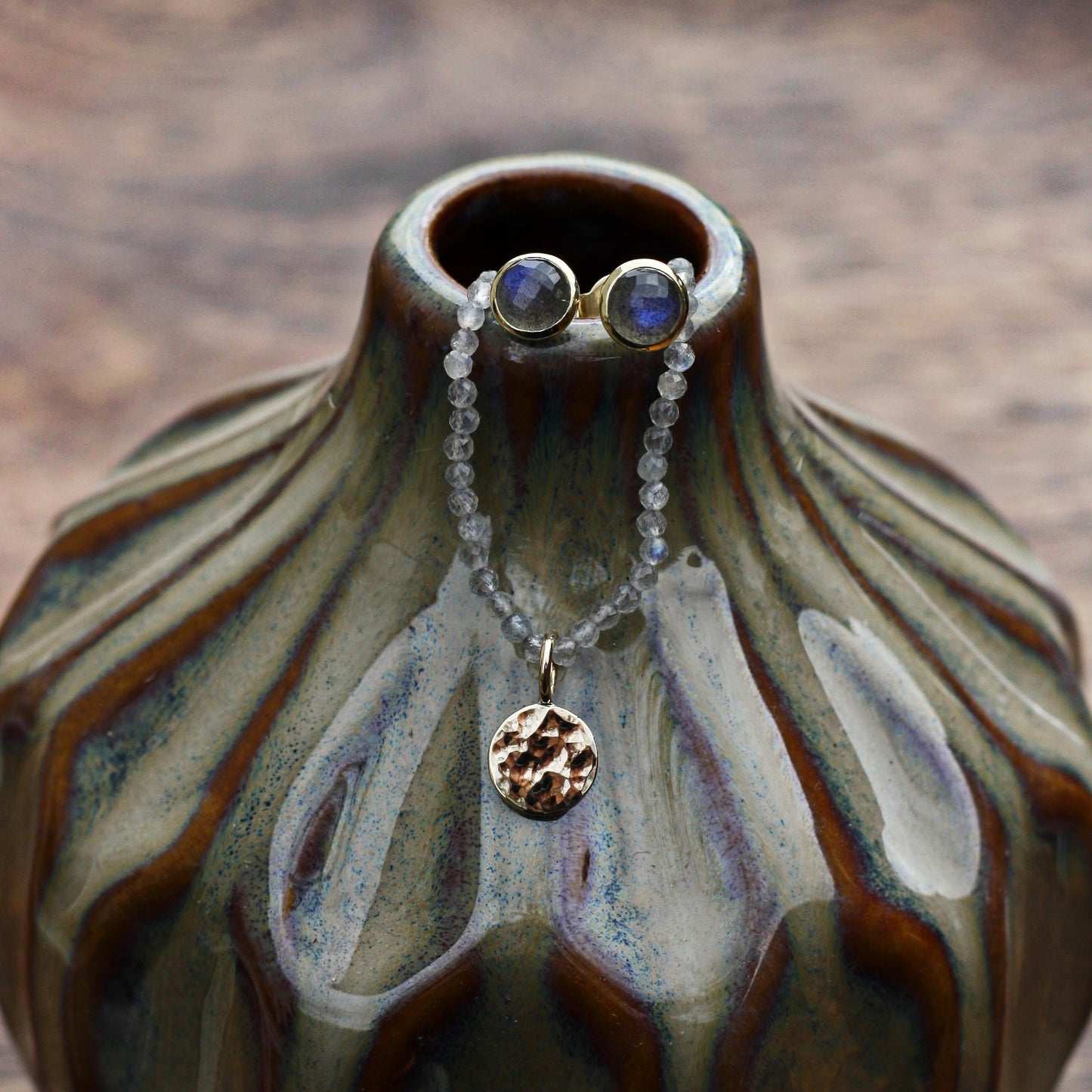 Schmuckset :luna: | Halsschmuck & Ohrschmuck aus Gelbgold mit Labradorit